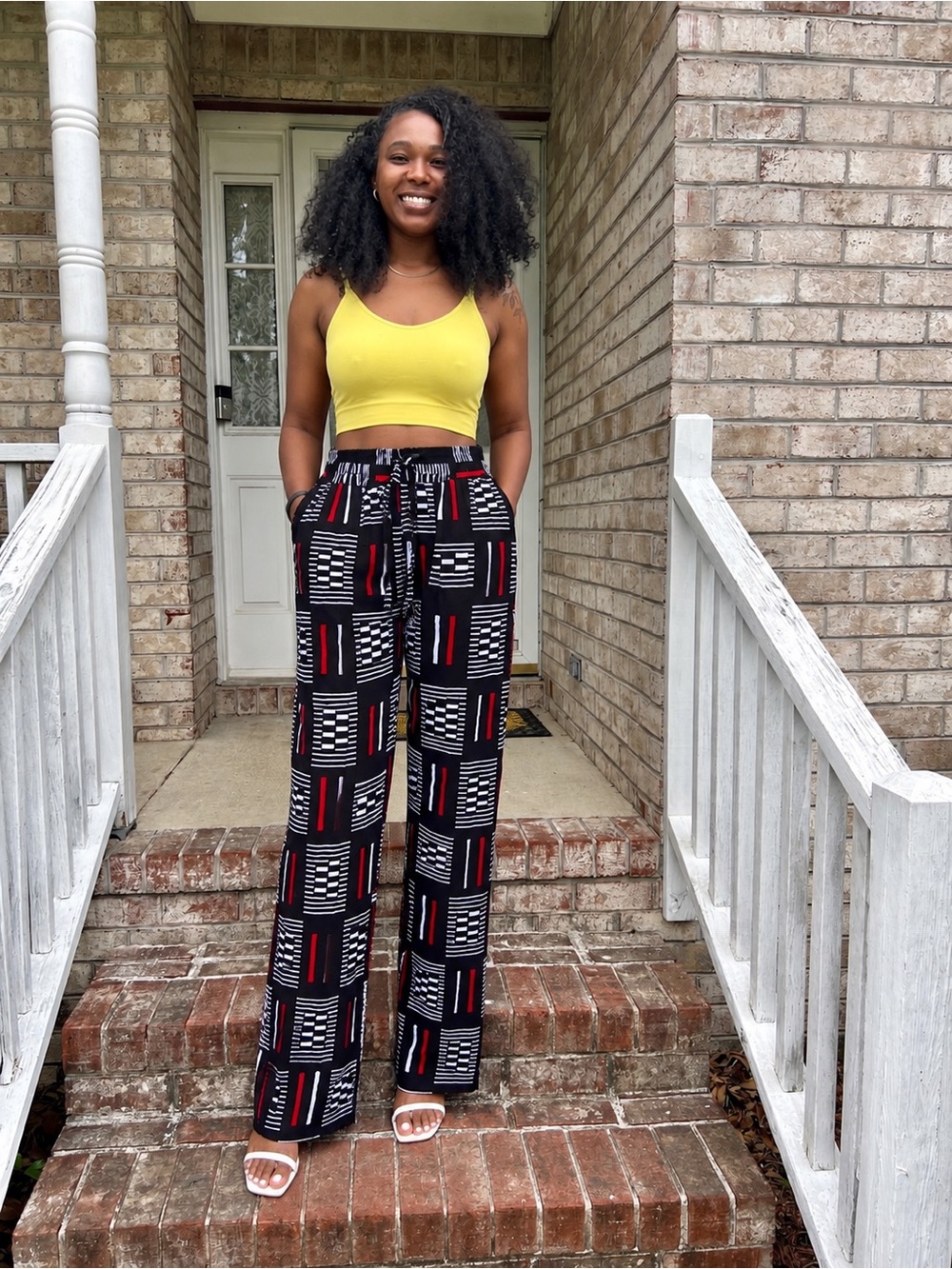 Wide-Leg  with Patches African Printed Drawstring Pants - Black & Red